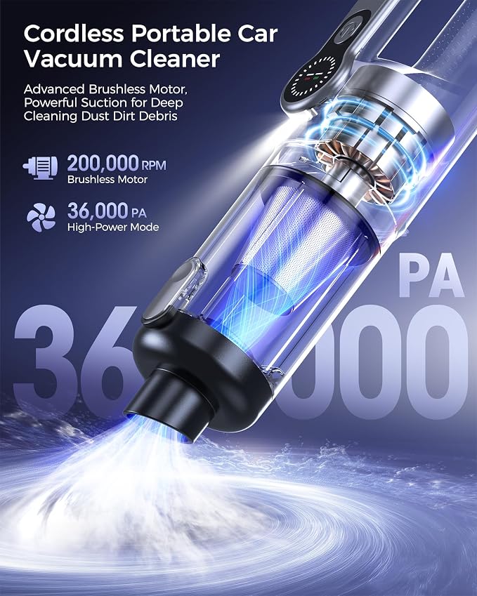 Cordless Handheld Vacuum Cleaner, 2-in-1 Vacuum & Blower, 36000Pa Suction Brushless Motor, Car Vacuum with LED Light, Lightweight, Portable for Car, Home, Office and Outdoor Use, Black