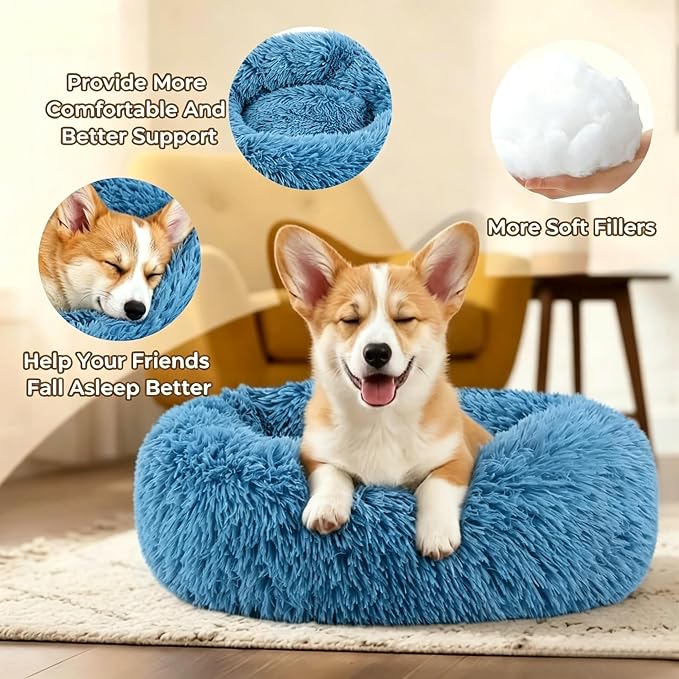 Calming Donut Dog and Cat Bed for Indoor Cats, Anti-Anxiety Round Fluffy Soft Washable Small Pet Bed for Puppy and Kitten, Warming Comfortable Luxury Anti-Slip Waterproof Mute Base 20in Light Blue