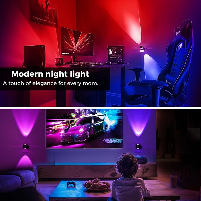 L LOHAS LED Night Light Projector, Color Changing Plug in Night Light RGB | 2 Pack Dusk to Dawn Sensor Night Lights, Rotating Nightlight, Ambient Lighting for Bathroom, Gaming Room, Decor, Gifts