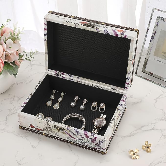 Hipiwe Chest Treasure Box Vintage Wooden + PU Leather Jewelry Boxes | Decorative Trinket Memento Case Box Keepsake Boxes Gifts Home Decor (Lavender)