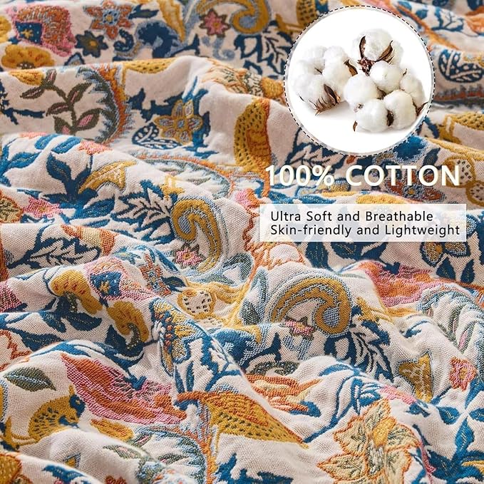 Boho Throw Blanket Farmhouse Decor Throw Blanket Bohemian Blanket for Bed 100% Cotton Muslin Woven Couch Blanket All Seasons Quilt Bedroom (A-Whiite, 90"x98")