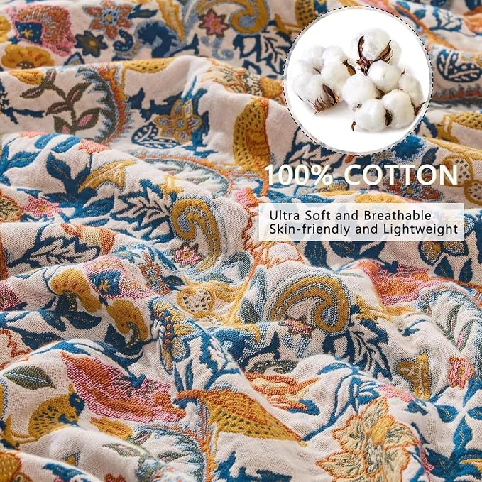 Boho Throw Blanket Farmhouse Decor Throw Blanket Bohemian Blanket for Bed 100% Cotton Muslin Woven Couch Blanket All Seasons Quilt Bedroom (A-Whiite, 80"x90")