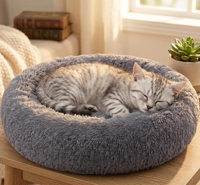 SAVFOX 20 inches Calming Donut Dog Bed - 3X Durable Plush Faux Fur, Machine Washable & Non-Slip, Fits up to 15 lbs, Dark Grey