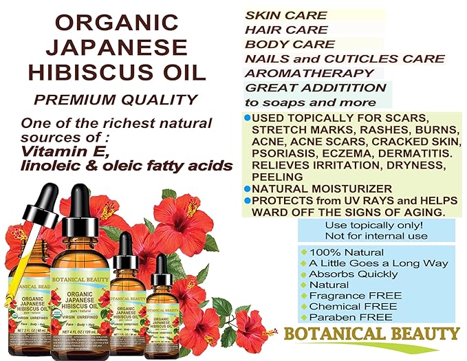 Botanical Beauty Organic HIBISCUS OIL (Hibiscus Sabdariffa) JAPANESE 100 Pure Natural VIRGIN UNREFINED COLD PRESSED Anti Aging, Vitamin E Oil for FACE, SKIN, HAIR GROWTH (0.5 Fl Oz)