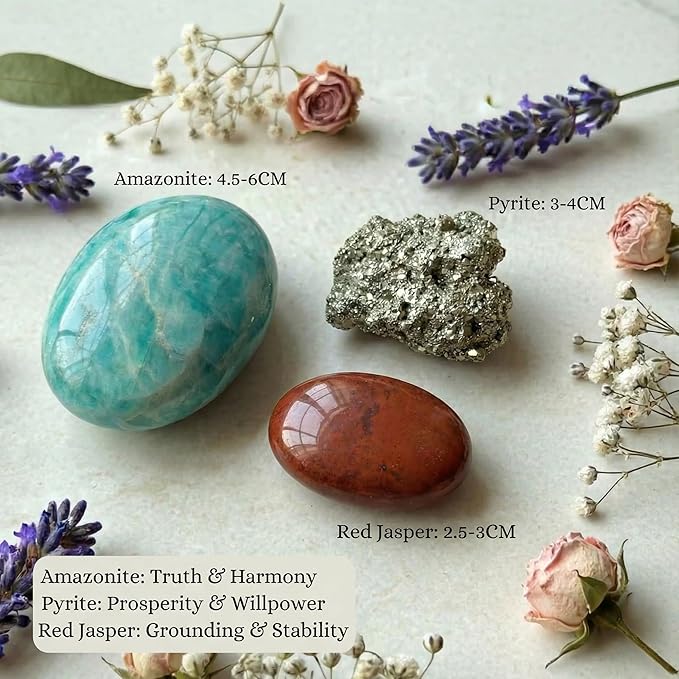 Abundance Crystal Trio: Raw Pyrite, Amazonite, Red Jasper | Wealth, Success & Worry Relief | Meditation, Travel Protection & Chakra Balancing | Gift Set with Guidebook & Velvet Pouch