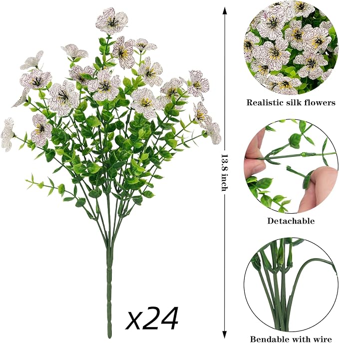 24 Pcs Artificial Flowers for Outdoors Decorations, White | Lifelike silk flowers, UV resistant, faux plastic plants, for garden porch window table vase home indoor outdoor decor
