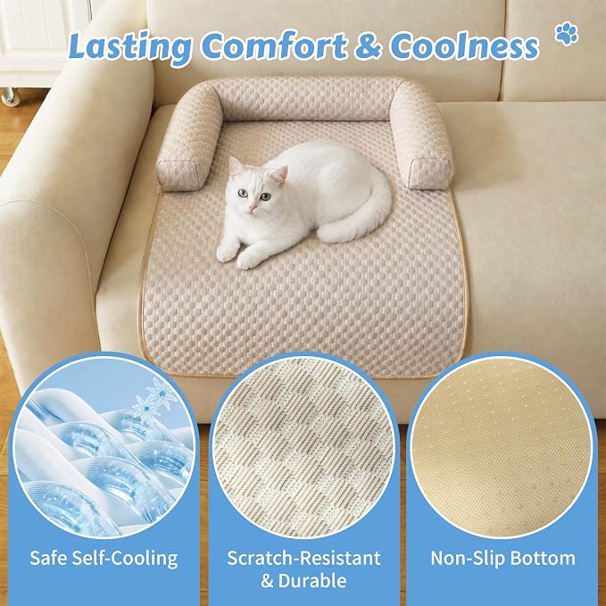 Cooling Pet Bed Mats with Neck & Head Support, 31.5 x 23.62 inch Khaki | for Small and Medium Dogs & Cats, Non-Slip, Machine Washable, Protects Sofa from Fur & Scratches
