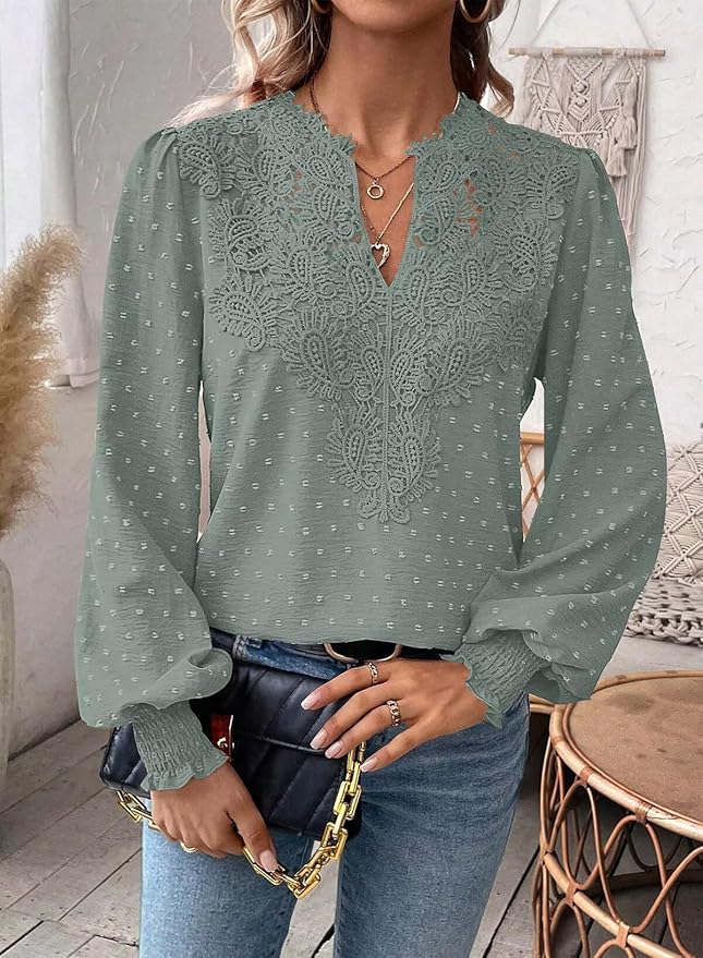 Womens Tops Swiss Dot Boho Long Sleeve Shirts V Neck Casual Chiffon Blouses Flowy Lace Hem Cute Clothing Trendy 2026