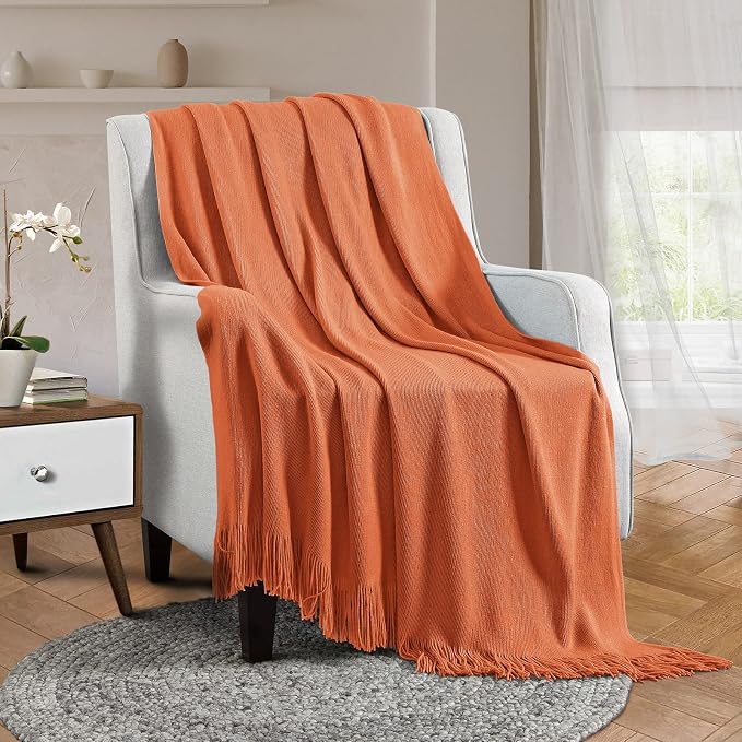 Vonty Rust Orange Knitted Throw Blanket with Tassels Fringe, 60x80 Acrylic | Super Soft And Lightweight, Year-Round Cozy Warmth, Farmhouse Decorative Style, Machine Washable, for Couch, Sofa or Bed