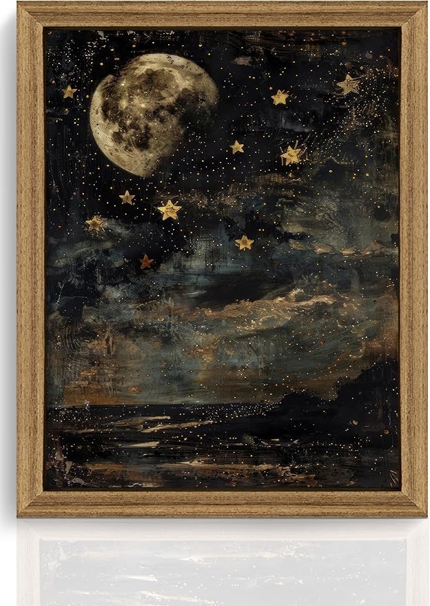 ICHZUMW Framed Moon and Stars Celestial Vintage Canvas Wall Art 8x10 In | Dark Moody Night Sky Painting, Gothic Dark Academia Wall Decor for Bedroom Living Room Bathroom Office, Ready to Hang