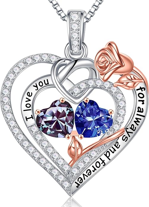 Iefil Valentines Day Gifts for Her Wife - 925 Sterling Silver Double Birthstone Necklace, Anniversary Birthday Gifts for Women, Jewelry Gift for Wife Girlfriend Mom Her