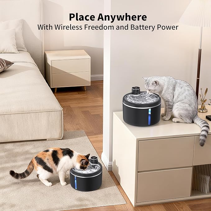 Cat Water Fountain Cordless, 108oz/3L Pet Fountains for Cats Indoor with Stainless Steel Tray, Battery Operated Cat Drinking Fountain with Motion Sens