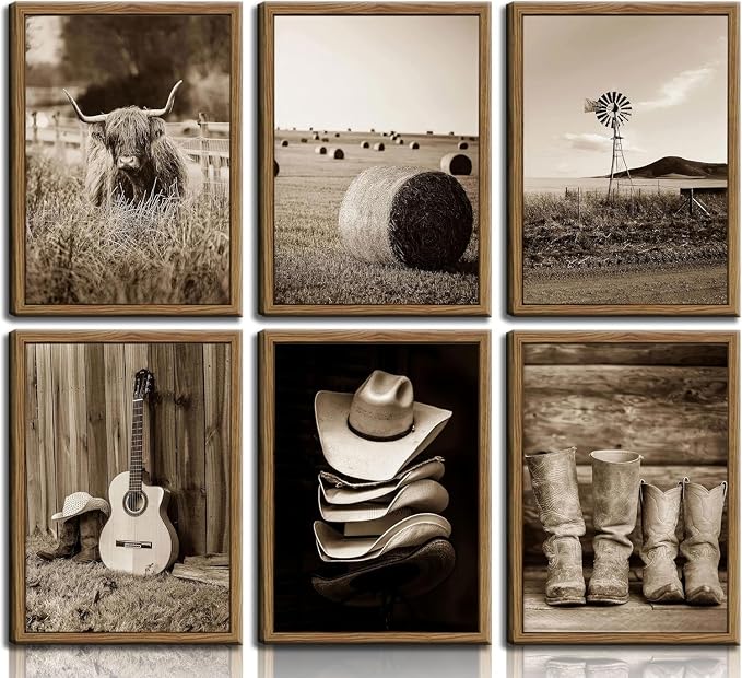 6Pcs Vintage Western Cowboy Wall Art, Highland Cattle Prints, 16" L x 12" W | Rustic Farmhouse Canvas Posters, Country Western Style Wall Decor for Bedroom and Kitchen, Framed