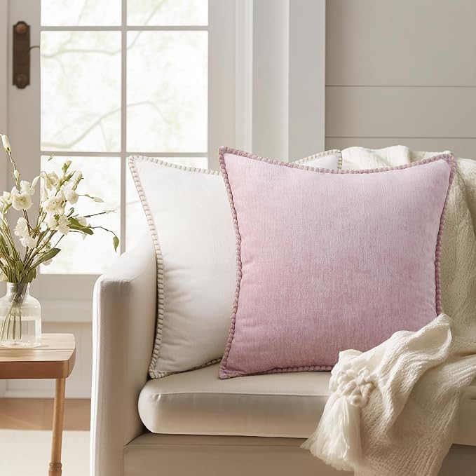 decorUhome Soft Chenille Throw Pillow Covers 22x22 Set of 2 Blush Pink | Fall Textured Decorative Throw Pillow Cases Stitched Edge Modern Farmhouse Luxury Boho Velvet for Couch Sofa Bed Home Decor