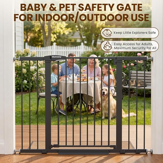 Mumeasy 29.7-48" Baby Gate for Stairs, Pressure Mounted Dog Gate for Doorways, Extra Wide Walk Thru Safety Pet Gate for Doors with Auto Close, Easy Install Child Gate for Hallway Indoor House, Black