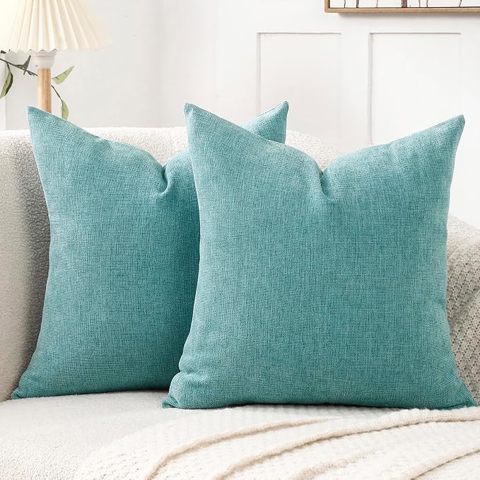 Pack of 2 Decorative Chenille Throw Pillow Covers, 16x16, Turquoise | Square Soft Cozy Concise Pillow Covers Modern Farmhouse Couch Cushion Cases for Sofa Bed Living Room Home Decor