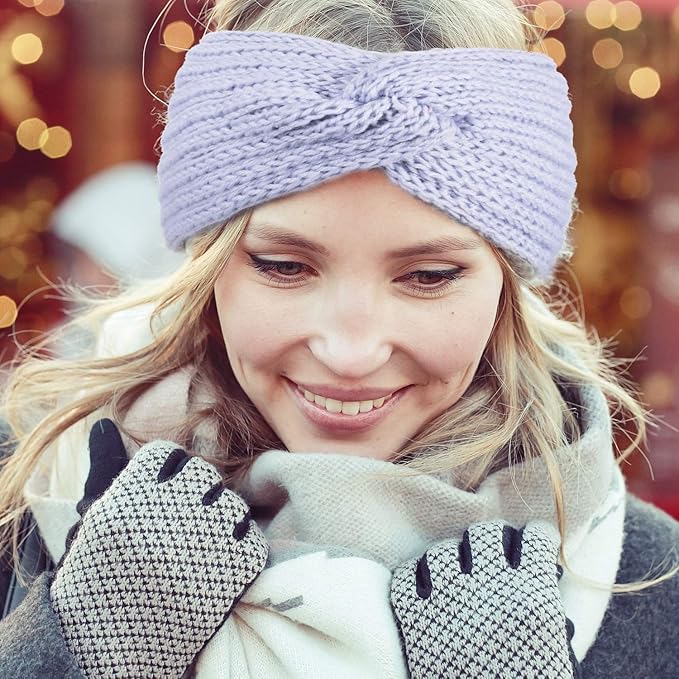 Whaline 5 Pieces Winter Knit Headbands Chunky Knit Headbands,4 Elastic Turban Head Wraps and 1 Pearl Crochet Hair Band, Ear Warmer Crochet Head Wraps for Women Girls (Blue Grey Colors)