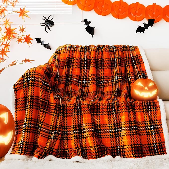 Sherpa Halloween Plaid Throw Blanket(60" X 70", Plaid Orange), Fuzzy Fluffy Cozy Soft Blanket, Fleece Flannel Plush Twin Size Microfiber Blanket for Couch Bed Sofa