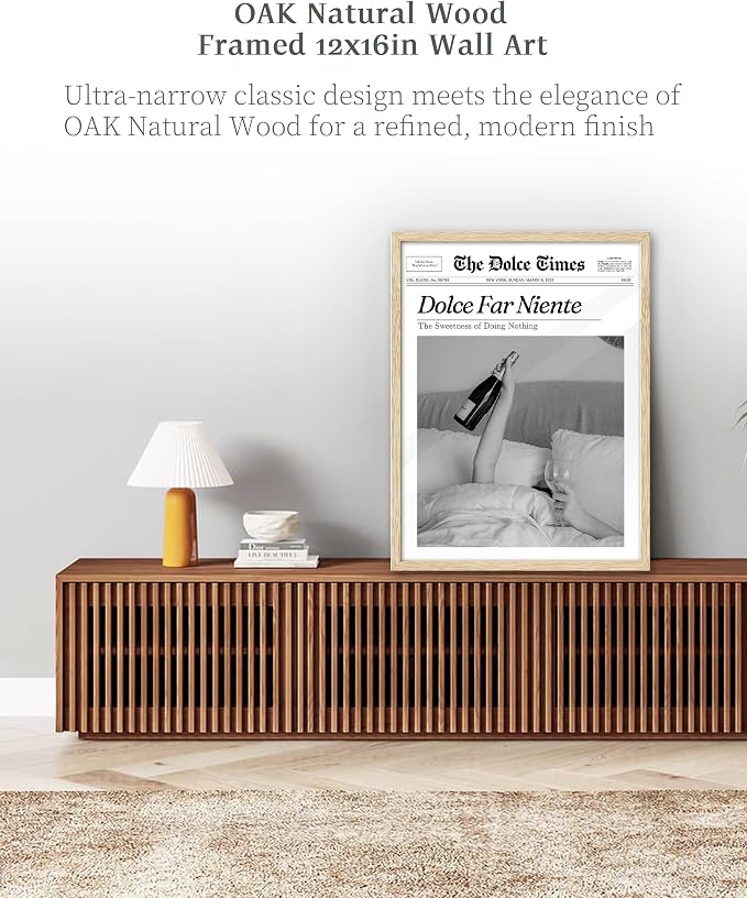 iHery 12x16in Dolce Far Niente Framed Newspaper Wall Art | Natural OAK Wood Frame with Canvas Print, The Sweetness of Doing Nothing Decor for Bedroom, Living Room and Dorm, 1Pack
