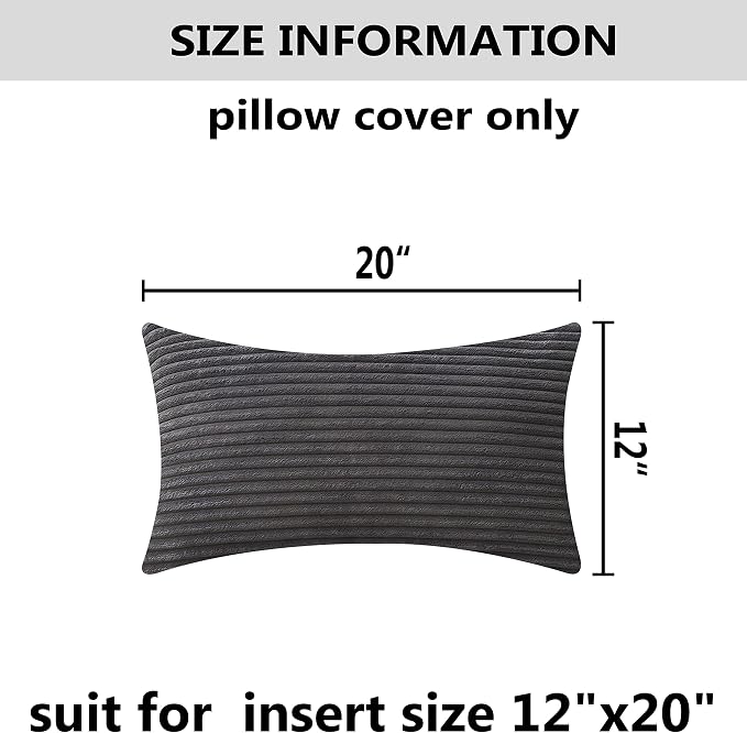 Home Brilliant Decorative Pillow Cover 12x20 Plush Striped Velvet Corduroy Oblong Pillowcase Accent Cushion Cover, 12 x 20 inch (30x50 cm), Dark Grey