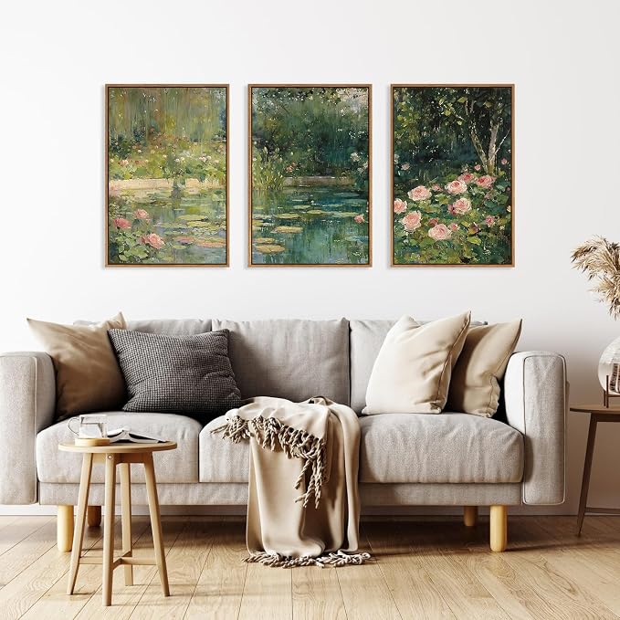 FWIEXA Monet Framed Canvas Wall Art Set, Impressionist Floral Garden Wall Decor, 3 Piece Claude Monet Botanical Artwork, 16x24 Inches Nature Landscape Prints for Living Room, Bedroom
