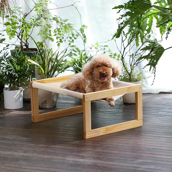 FUKUMARU Large Cat Hammock, Raised Dog Bed for Indoor and Outdoor, Washable | 21" Wooden Pet Beds, Breathable Linen Cat Couch, Elevated Pet Sofa for Puppy, Bunny and Small Animal