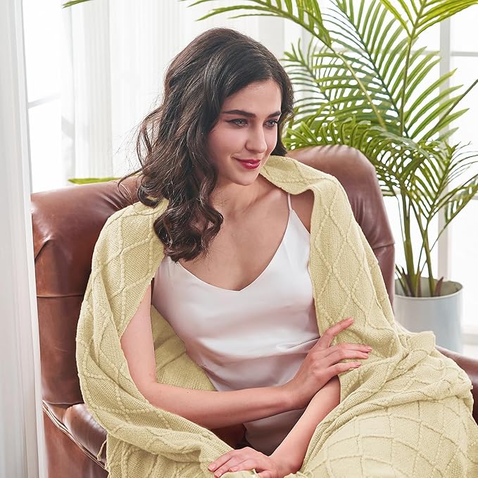 inhand Cloud Cream Knitted Throw Blanket for Couch and Bed, 50"x60" | Soft Living Room Home Decor Knitted Blanket with Tassel, Outdoor Lightweight Breathable , Farmhouse Warm Woven Decorative