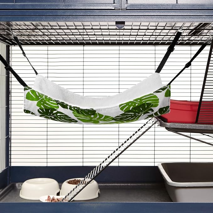 Jetec 2 Pack Cat Hammock for Cage, Monstera Leaf, M | Catio Accessories, Reversible Soft Cats Bed, Adjustable Straps and Hooks, Double-sided Linen, Fleece Hanging Hammock for Cats