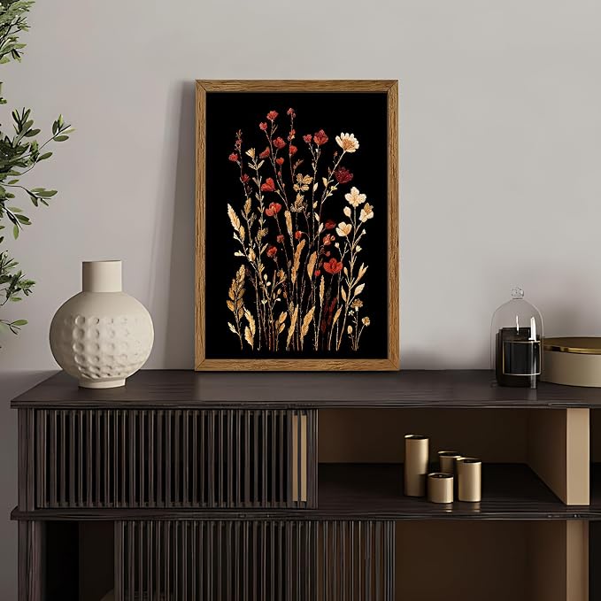 JLTULT Black Floral Wall Art, Vintage Wildflower Framed Canvas, 16 x 24 in | Black-background wildflower art on fade-resistant canvas with a ready-to-hang solid wood frame for bedrooms and bathrooms