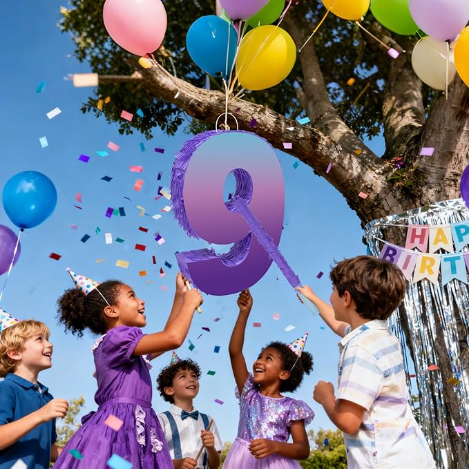 Purple Birthday Party Decorations, Purple Number 9 Pinata with Stick Blindfold Confetti for Girls Boys 9th Birthday Activity Game Gift (15.7 x 11.5 x 3 In)