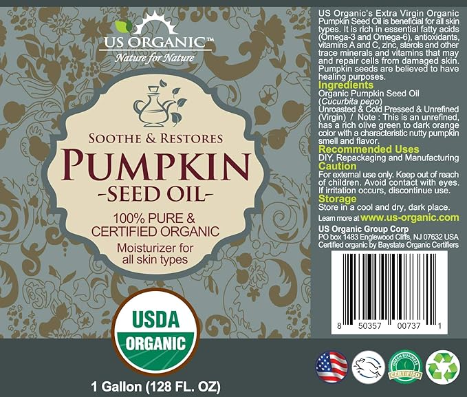 US Organic Pumpkin Seed Oil, Certified Organic, Cold Pressed Virgin, Unrefined, Size for DIY and small manufacturers (128 oz (1 Gallon))