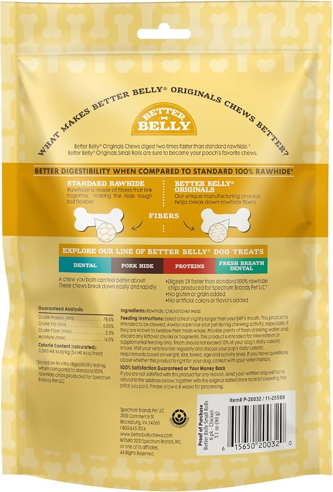 Better Belly Originals Small Roll Highly Digestible Dog Treats, 6 Count | With Real Chicken Liver Flavor, Long-Lasting Digestible Chew, No Grain Added, No Artificial Colors Or Flavors, For Adult Dogs