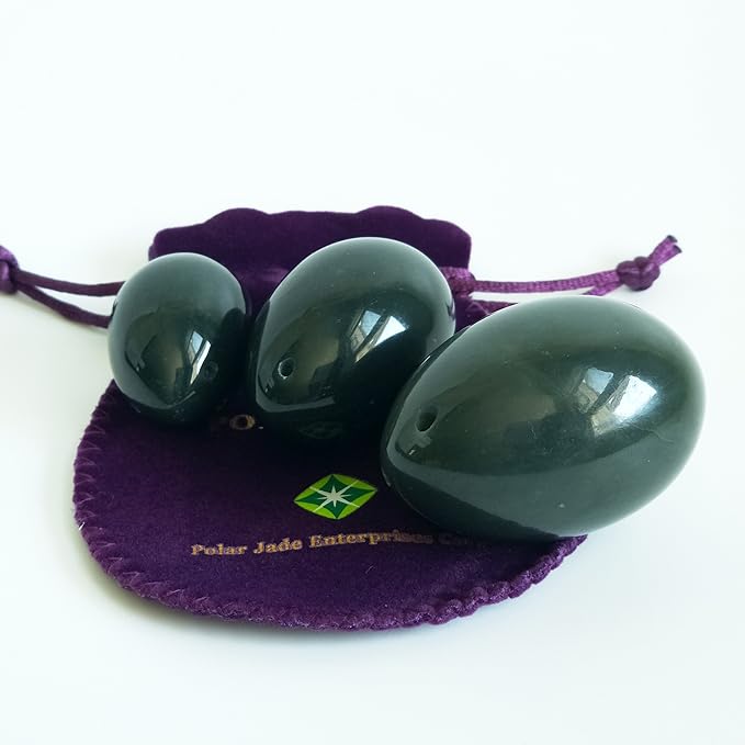 Natural Nephrite Jade 3-Piece Predrilled Egg Set – Large, Medium & Small with Instructions and 55 Yards of String, by Polar Jade