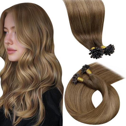 LaaVoo Utip Hair Extensions Human Hair Ombre Brown to Light Brown Mix Golden Brown K Tip Hair Extensions Real Human Hair Nail Tip 22 Inch 50g/s