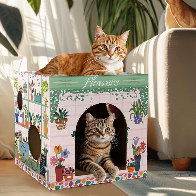 Cinrobiye Cardboard Cat House with 2 Pcs Scratching Pad，Pet Hideaway Cave Board Bed Playhouse Condo Box Decor Small Animals Scratcher Bed for Indoor Cats Kittens Rabbits Bunny