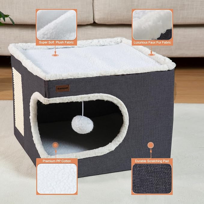 Garnpet Cat Bed for Indoor Cats Cube House, Covered Cat Cave Beds & Furniture with Scratch Pad and Hideaway Tent, Cute Modern Cat Condo for Multi Small Pet Large Kitten Kitty, Dark Grey