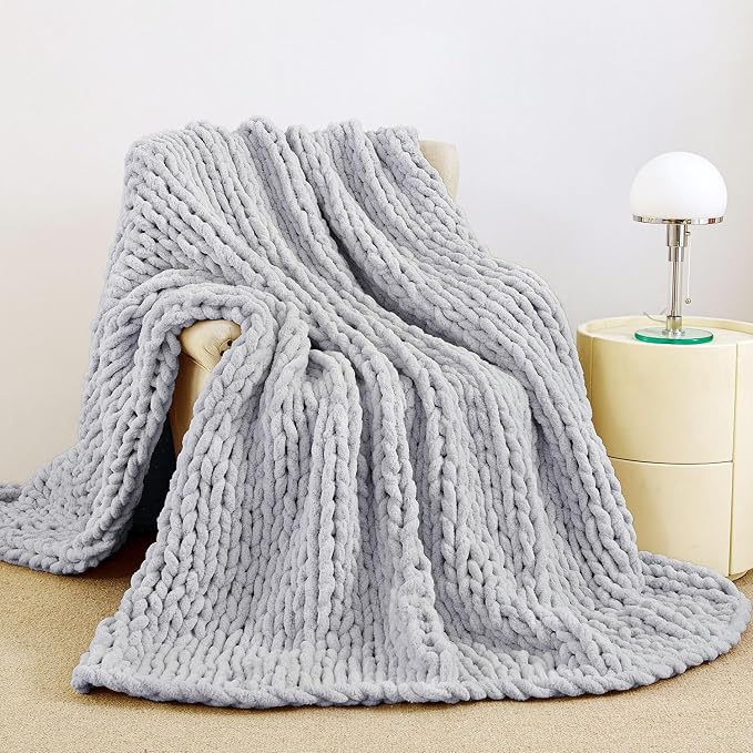Chunky Knit Blanket Throw for Couch, 51"x63" Chunky Yarn Knitted Blankets | 100% Hand Knit Thick Chenille, Soft Breathable for Bed, Sofa, Home Decor, Cozy Gifts for Women Friends, Light Gray