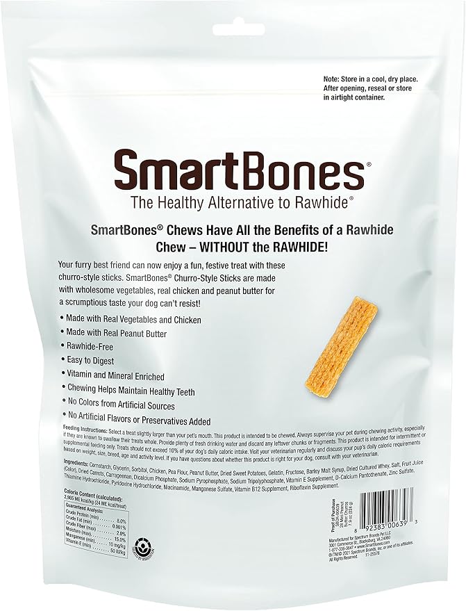SmartBones Churro-Style Mini Sticks 28 Count, Made with Real Peanut Butter, Rawhide-Free Chews for Dogs, 7.90 Ounce (Pack of 1) | With Real Peanut Butter & Chicken, Easy To Digest Chew, No Artificial Preservatives or Flavors, For Adult Dogs