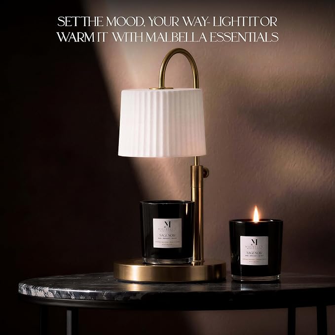 Candle & Warmer Set – 8.5 oz Coconut Blend Luxury Candle + Hand Blown Glass Lamp Warmer | Modern Self-Care Gift Set | Flameless Aromatherapy (Gold, Sage Noir)