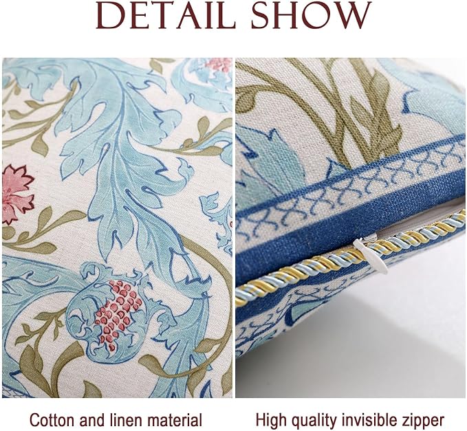 patdrea Designer Vintage Linen Throw Pillow Cover,18"x18",Set of 2-Fromm A | Luxury Decorative Pillow Case with Zipper,Blue Floral Pattern,Pillow Cover for Couch Living Room Bedroom Sofa