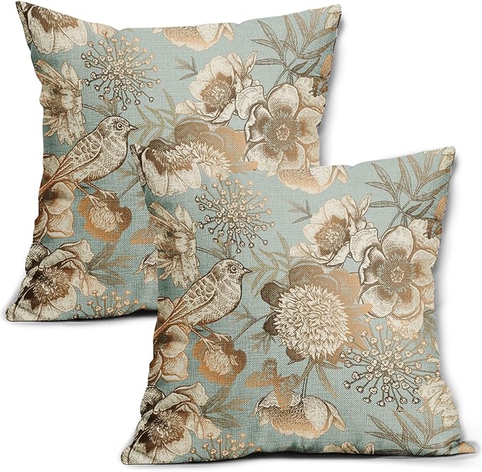 Vintage Floral Pillow Covers 24X24 Inch Set of 2 Rose Gold Flowers Bird Butterfly Decorative Pillow Cases Blue Brown Cotton Linen Cushion Case Farmhouse Home Decor for Sofa Couch Living Room