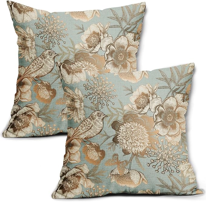Vintage Floral Pillow Covers 22X22 Inch Set of 2 Rose Gold Flowers Bird Butterfly Decorative Pillow Cases Blue Brown Cotton Linen Cushion Case Farmhouse Home Decor for Sofa Couch Living Room