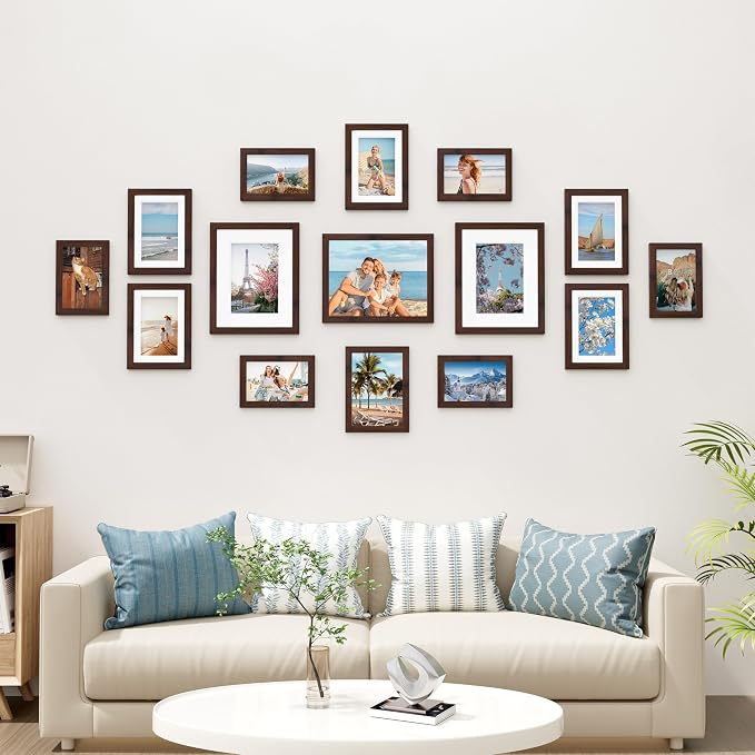 Vittanly 15 Pack Picture Frames Collage Wall Decor, Wall/Tabletop Display | Light Brown, Multi-Size Gallery Wall Frame Set: 3pcs 8x10, 6pcs 5x7, 6pcs 4x6. Picture Frame Set for Family