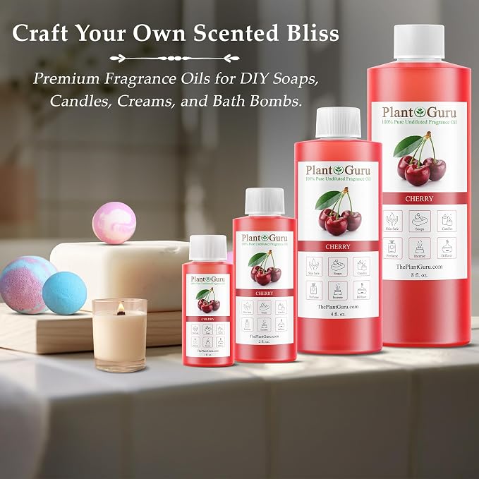 Cherry Fragrance Oil 4 fl. oz. Scented Oil for DIY Soap Making, Candles, Bath Bombs, Body Butters. Used in Aromatherapy Diffusers, Burners and Warmers. Great Addition to Lotions and Creams.