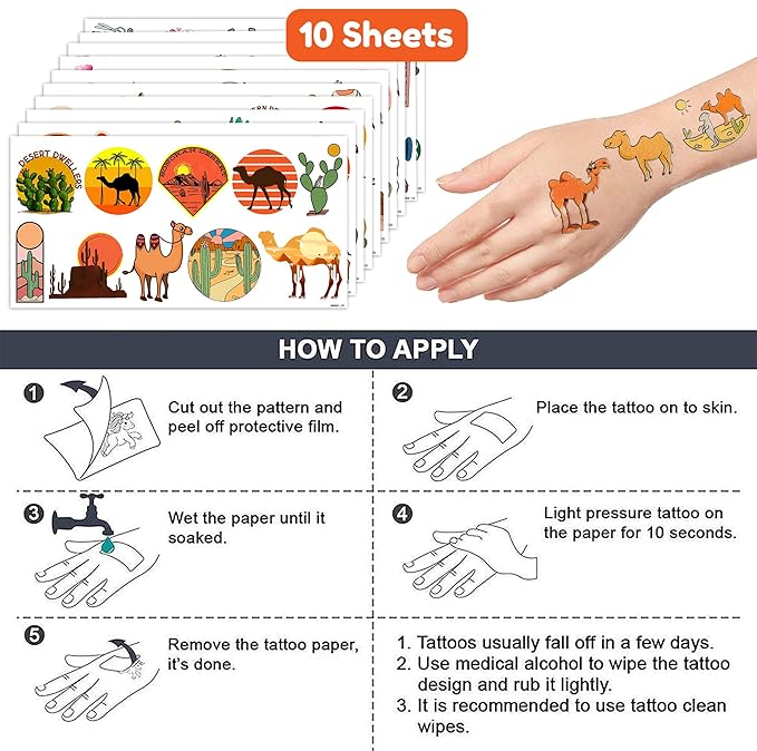 Desert Temporary Tattoos Camel Party Decorations Favors Supplies Summer Themed Cute Stickers 10 Sheets 100 PCS Gifts for Baby Girls Boys Class School Carnival