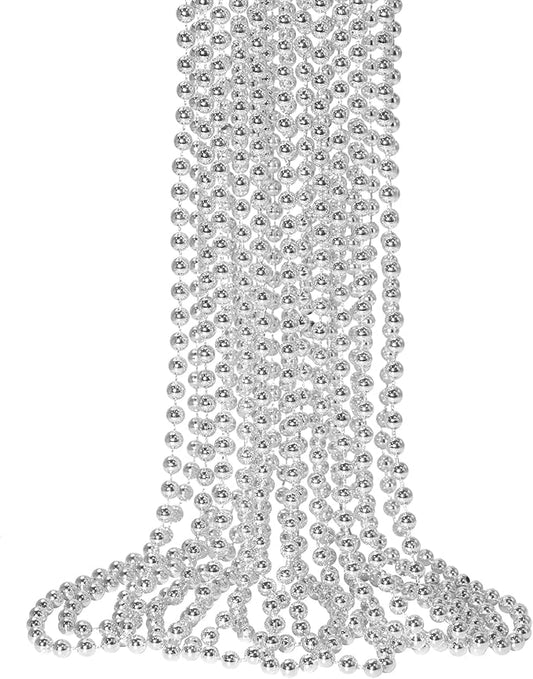 SHAOQINLIN 12 PCS Silver Mardi Gras Beads, 33" Silver Christmas Necklaces, Metallic Patriotic Beads Necklaces, Parade Throws Accessories for Christmas Independence Day New Year Party Favors