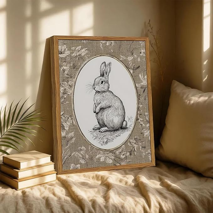 Framed Vintage Rabbit Wall Art, Cute Easter Bunny Pictures Wall Decor, Rustic Farmhouse Animal Paintings Canvas Prints Cottagecore Home Decor for Nursery Living Room Bedroom 16x24 inch