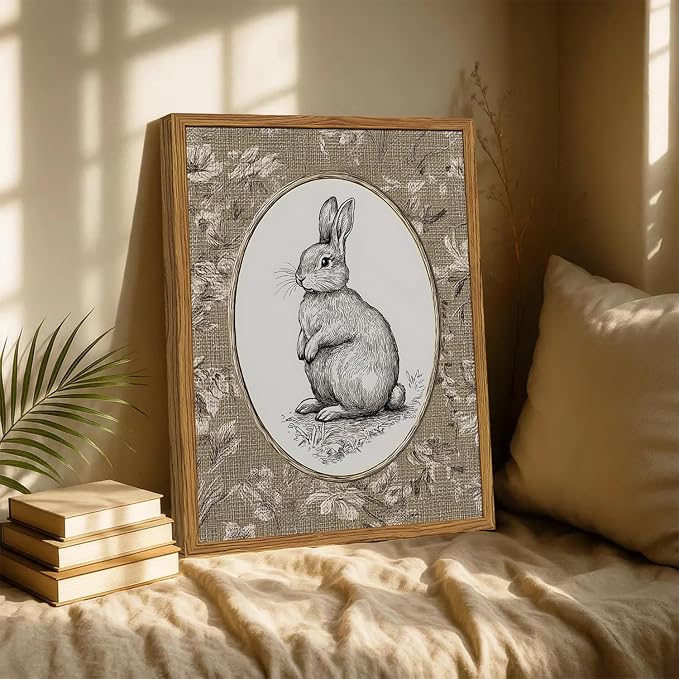 Framed Vintage Rabbit Wall Art, Cute Easter Bunny Pictures Wall Decor, Rustic Farmhouse Animal Paintings Canvas Prints Cottagecore Home Decor for Nursery Living Room Bedroom 12x16 inch