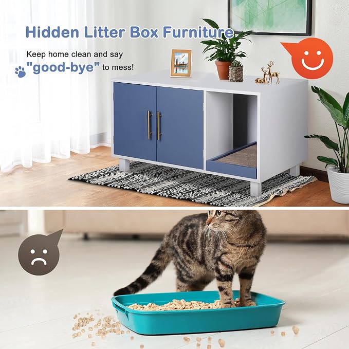 Pet Republic Cat Litter Box Enclosure Hidden Litter Box Furniture Wooden Cat Washroom Cat House Table Nightstand with Scratch Pad