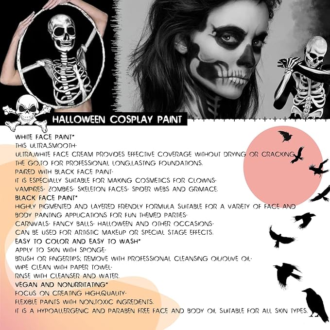 Black and White Face Paint Kit - Halloween Cosplay SFX Makeup, Non-Toxic Body Paint With 2 Professional Brushes for Adults and Kids - Oil-Based Art Painting - Upgrade